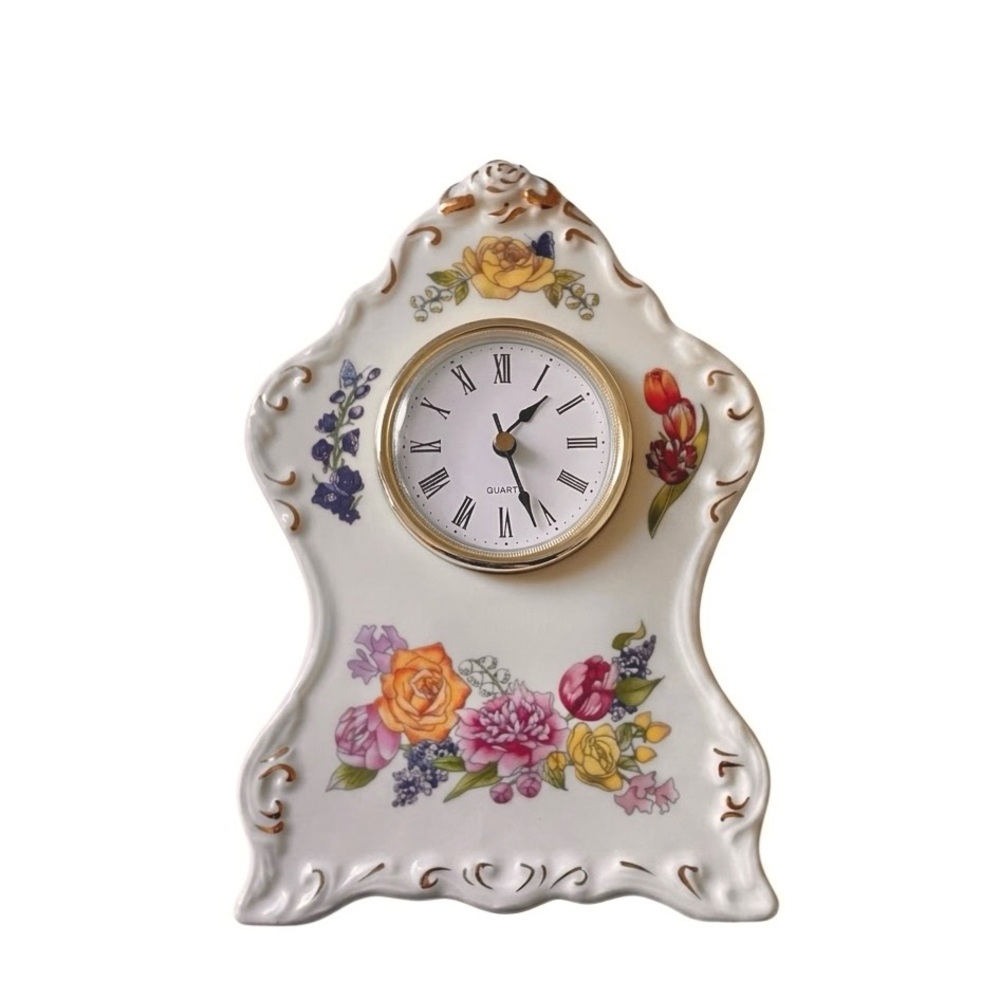 Vintage Floral Porcelain Mantel Clock Quartz Table Desk Gold Trim Cottagecore